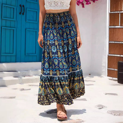 Damen Maxirock im bunten Paisley-Design mit Volant und elastischem Bund Stalluxe