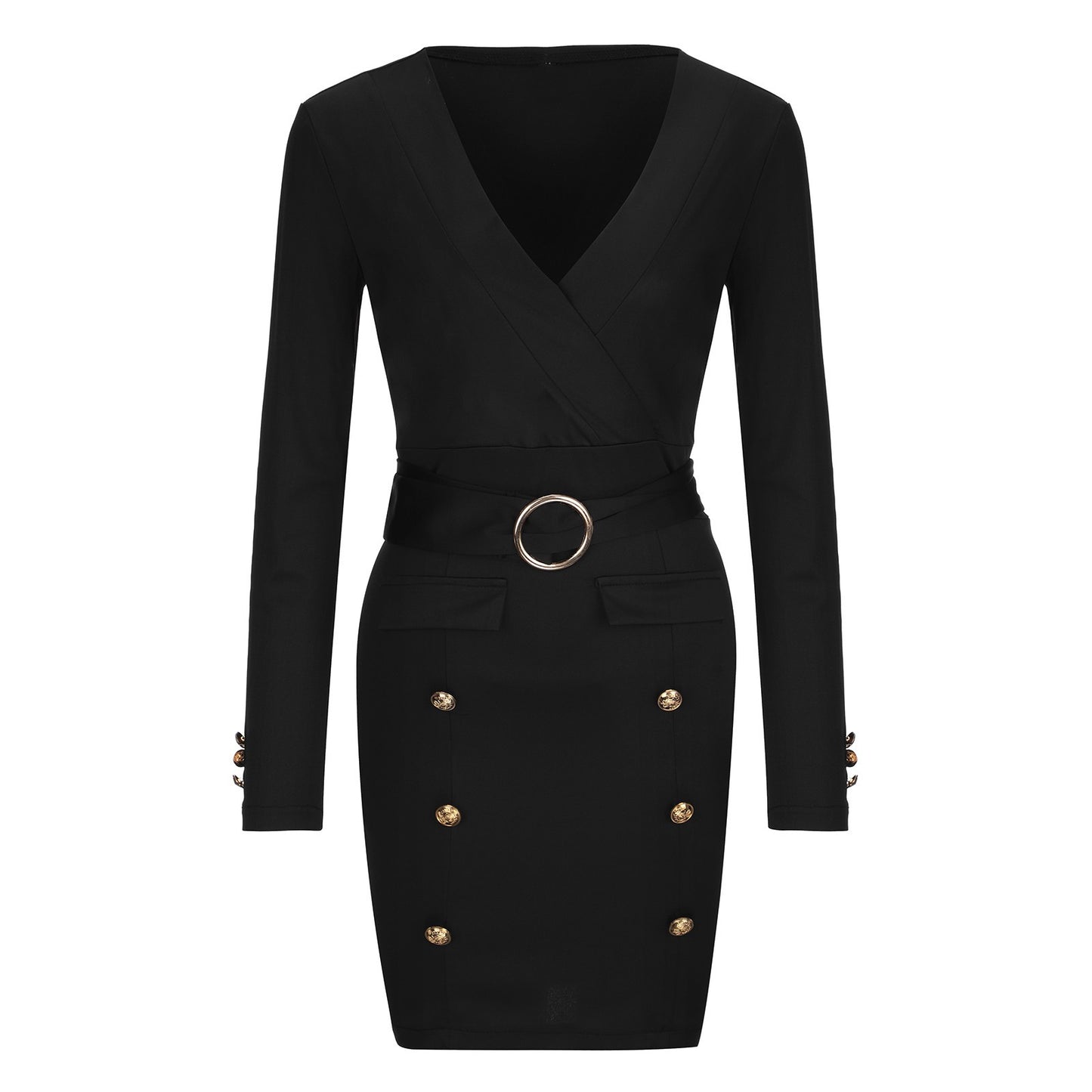 Damen Wickelkleid mit goldenen Knopfdetails und Taillengürtel Stalluxe