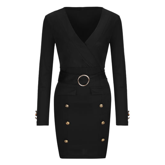 Damen Wickelkleid mit goldenen Knopfdetails und Taillengürtel Stalluxe