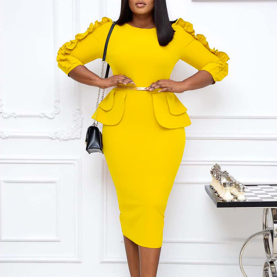 Damen Figurbetontes Kleid mit Rüschen-Ärmeln und Taillengürtel Stalluxe
