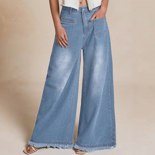 Damen Weite Denim-Hose mit Fransensaum und hohem Bund Stalluxe