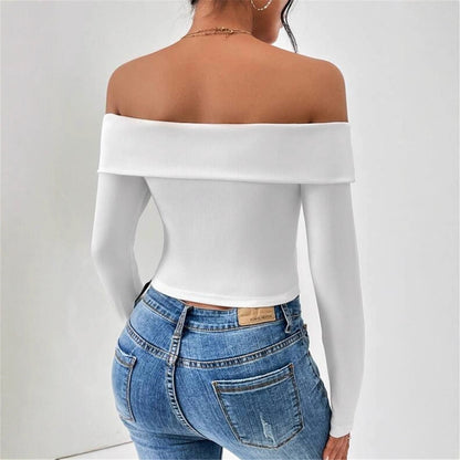 Damen Off-Shoulder Crop-Top mit langen Ärmeln und feiner Rippstruktur Stalluxe
