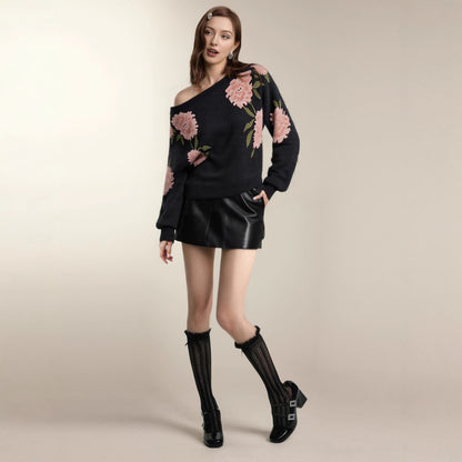 Damen lockerer Strickpullover mit floralem Design Stalluxe