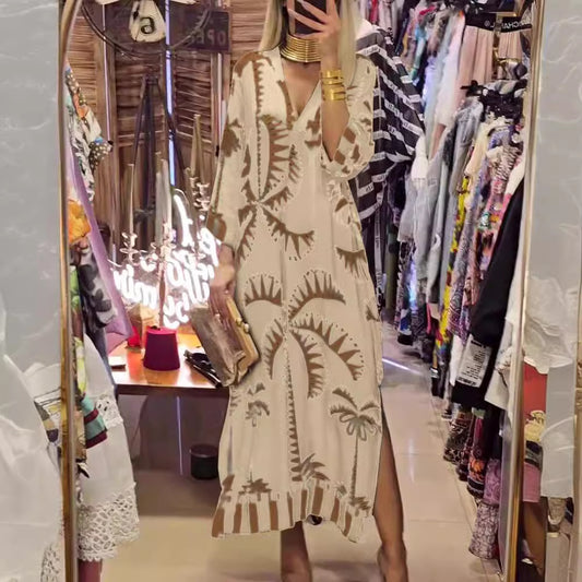 Damen Maxikleid mit weitem Schnitt und modischem Palmenmuster Stalluxe