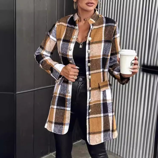 Damen Karo-Blazerjacke mit Knopfleiste und Taschen Stalluxe