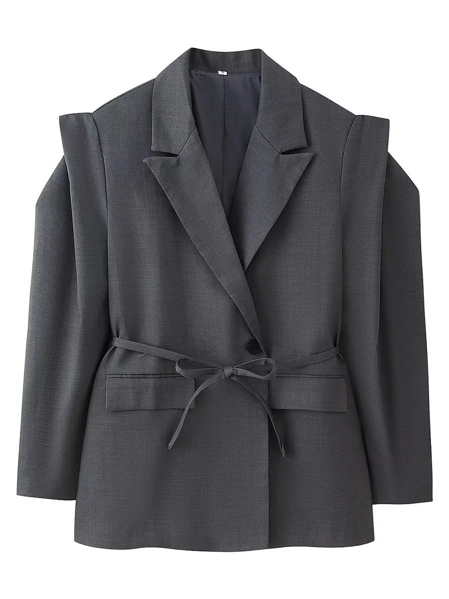 Damen Modische Blazerjacke mit Gürtel und Seidenoptik Stalluxe