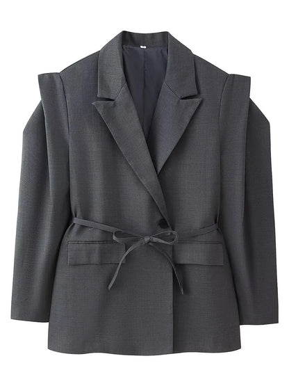 Damen Modische Blazerjacke mit Gürtel und Seidenoptik Stalluxe