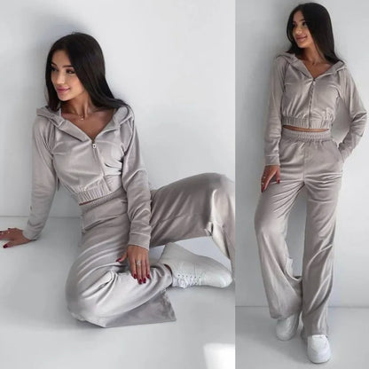 Damen modischer Velours-Cropped-Hoodie und weite Sporthose Set Stalluxe