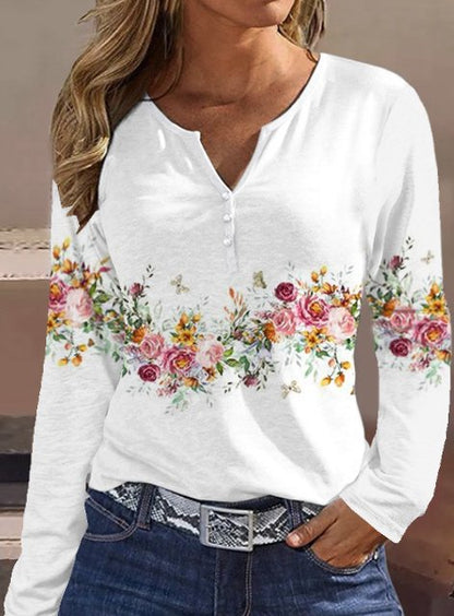 Damen Langarmshirt mit floralem Motiv und Knopfdetails Stalluxe