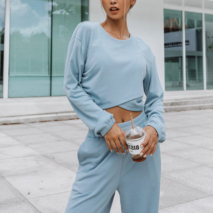 Damen lässiges Cropped Sweat-Set mit elastischem Bund und weitem Bein Stalluxe