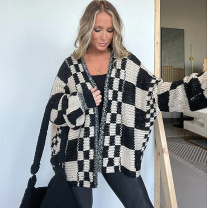 Damen Übergroße Karomuster-Strickjacke mit Taschen Stalluxe