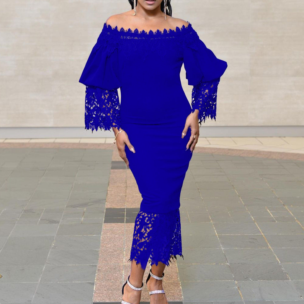 Damen Off-Shoulder Kleid mit Spitzenärmel und asymmetrischem Saum Stalluxe Blau