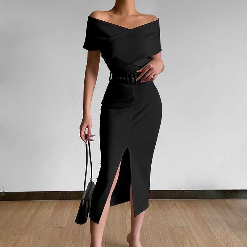 Damen figurbetontes Midi-Kleid mit Off-Shoulder-Ausschnitt und seitlichem Schlitz Stalluxe