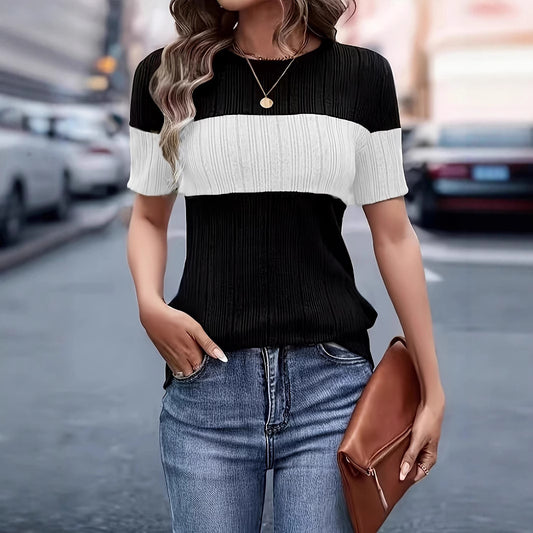 Damen Kurzarmpullover mit modernem Blockstreifenmuster Stalluxe