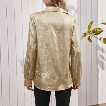 Damen Glänzende Oversized-Bluse mit knöpfbarem Kragen Stalluxe