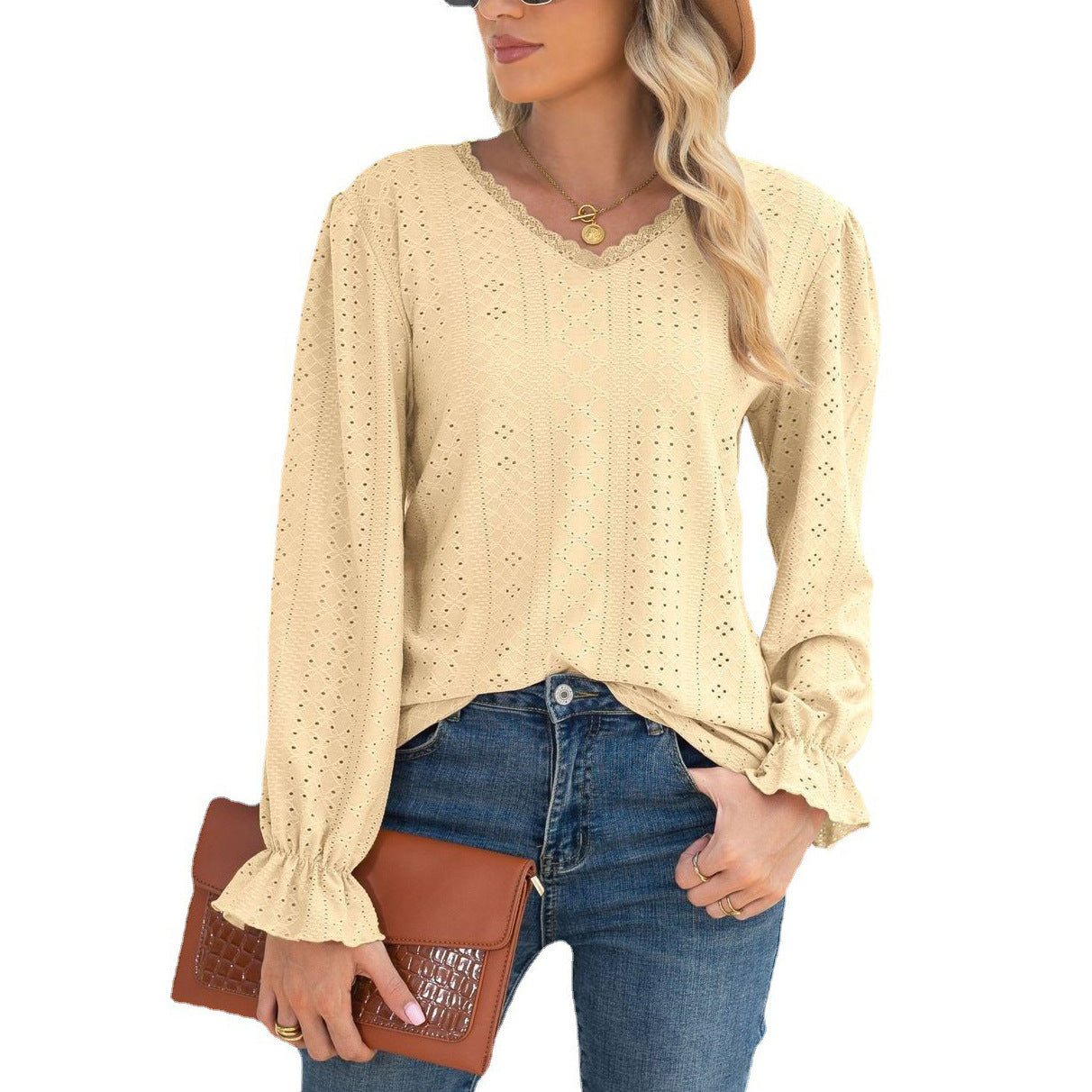 Damen Blusenshirt mit Lochmuster und elastischen Ärmelbündchen Stalluxe