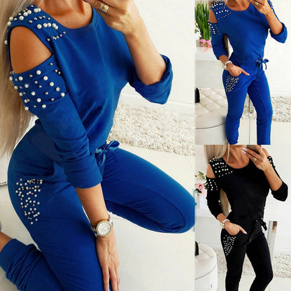 Damen Freizeit-Loungewear-Set mit dekorativen Nieten und besonderen Schulterdetails Stalluxe