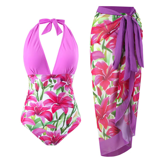Damen Einteiliger Badeanzug mit floralem Wickelrock und tiefem Ausschnitt Stalluxe
