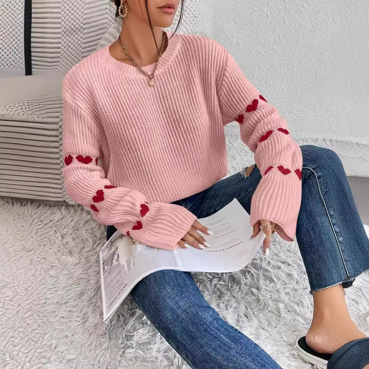 Damen lässiger Strickpullover mit Herzmuster und weitem Arm Stalluxe