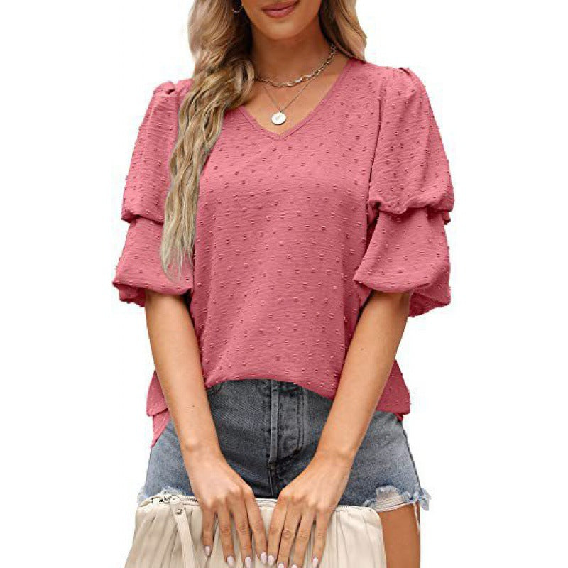 Damen V-Ausschnitt Bluse mit Puffärmeln und Struktur Stalluxe Magenta