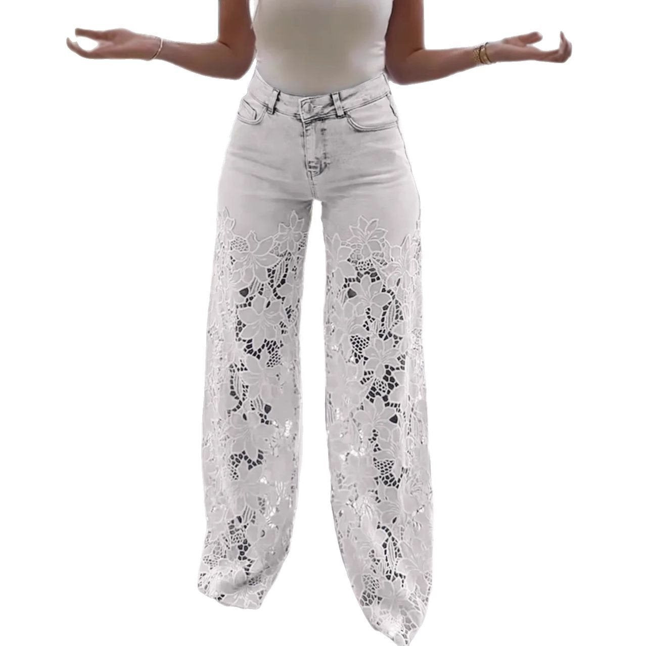 Damen Weite Palazzo-Jeans mit floralem Spitzenmotiv Stalluxe