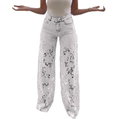 Damen Weite Palazzo-Jeans mit floralem Spitzenmotiv Stalluxe