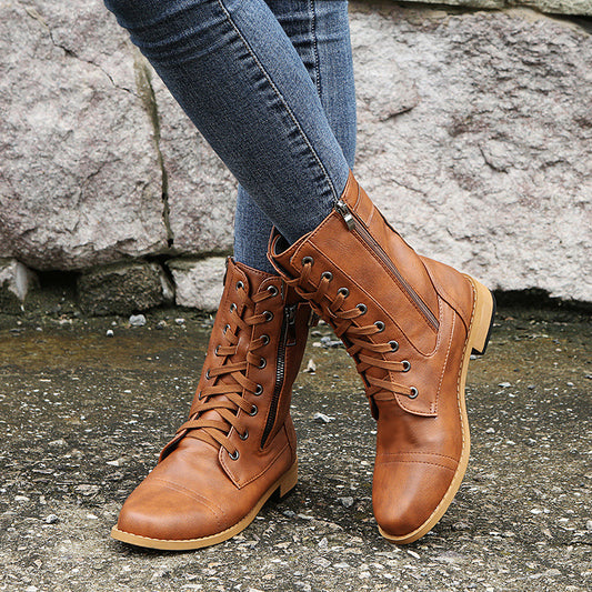 Damen Rinderleder Schnürstiefel mit seitlichem Reißverschluss und gepolstertem Kragen Stalluxe