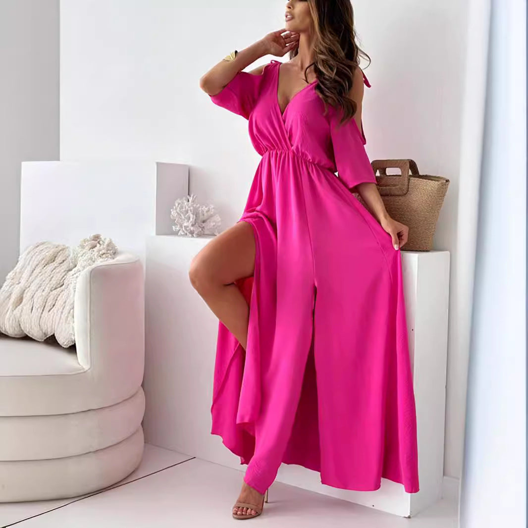 Damen elegantes Maxikleid mit tiefem V-Ausschnitt und Schlitz Stalluxe Magenta