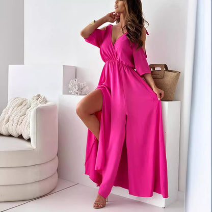 Damen elegantes Maxikleid mit tiefem V-Ausschnitt und Schlitz Stalluxe Magenta