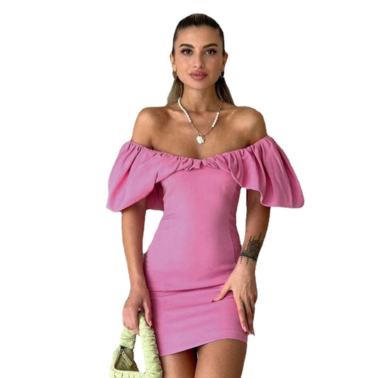 Damen Kurzarm Minikleid mit schulterfreiem Design und Rüschensaum Stalluxe
