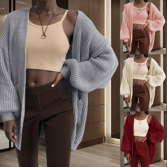 Damen Offener Strickcardigan mit voluminösen Ärmeln und praktischen Taschen Stalluxe