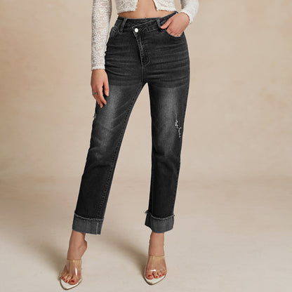 Damen elegante High-Waist Jeans mit modischem Used-Look Stalluxe