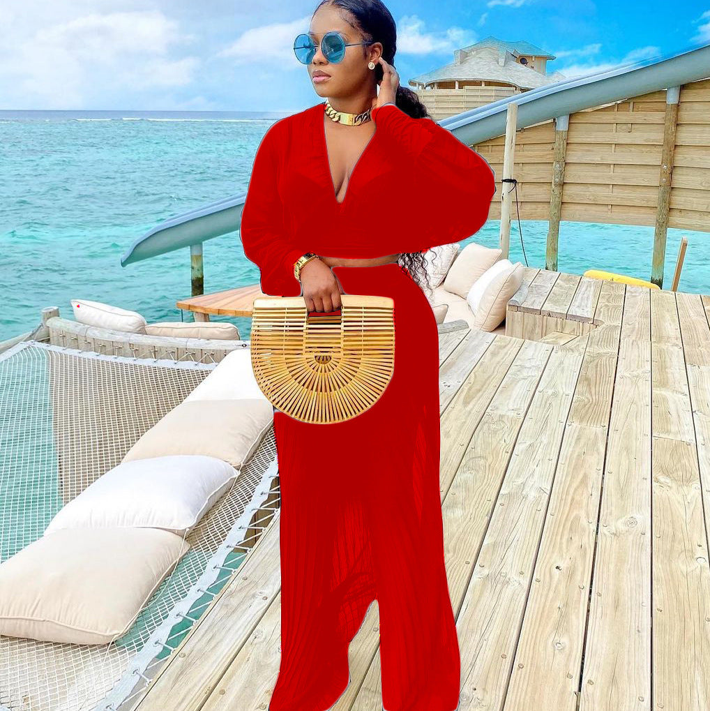 Damen Stilvolles Zweiteiliges Set mit weitem Schnitt und tiefem V-Ausschnitt Stalluxe