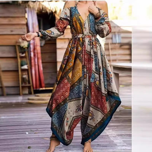 Damen Maxi-Kleid im Boho-Stil mit Cut-Out-Ärmeln und floralen Mustern Stalluxe