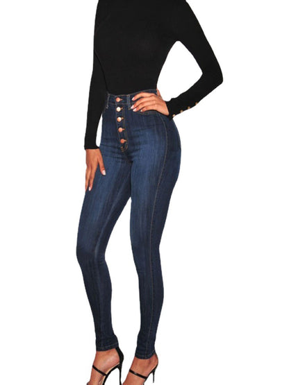 Damen High-Waist Skinny-Jeans mit Knopfdesign und figurbetontem Schnitt Stalluxe