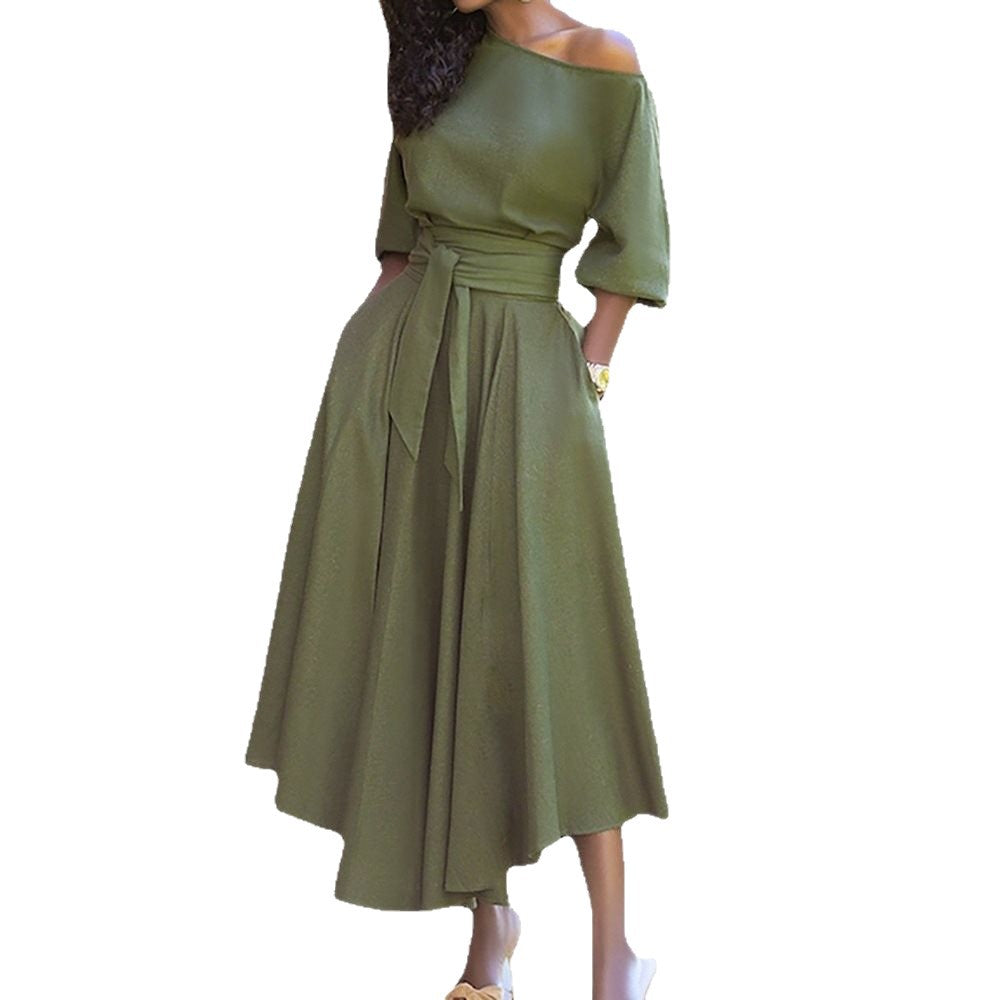 Damen elegantes Midi-Kleid mit schulterfreiem Design und Taillengürtel Stalluxe