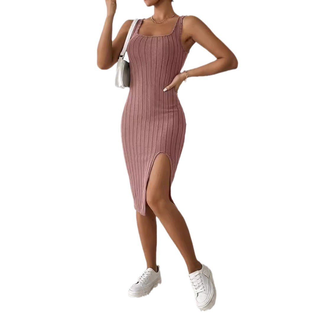 Damen Körperbetontes Rippkleid mit seitlichem Schlitz und Quadrat-Ausschnitt Stalluxe