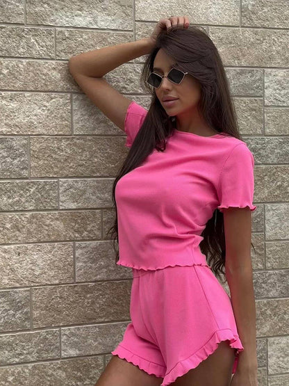 Damen lässiges Kurzarm-Set mit fransigen Shorts und Oberteil Stalluxe