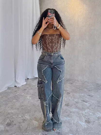 Damen Baggy-Jeans mit asymmetrischem Design und auffälligen Ziernähten Stalluxe