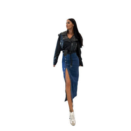 Damen Denim-Midirock mit seitlichem Schlitz und Knopfdetails Stalluxe