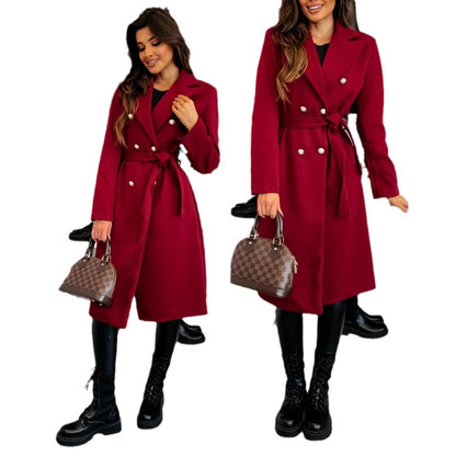Damen eleganter Knielanger Trenchcoat mit Gürtel und doppelter Knopfleiste Stalluxe