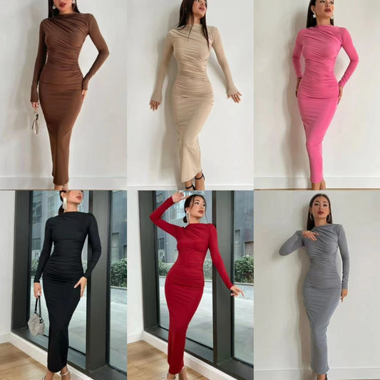 Damen Elegantes und figurbetontes Langarmkleid mit Raffungen Stalluxe