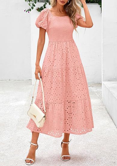 Damen Maxikleid mit dekorativem Lochmuster und Puffärmeln Stalluxe