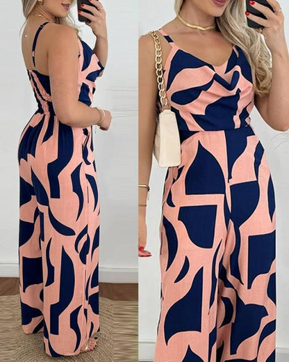 Damen Jumpsuit mit elegantem Wickeloberteil und farbenfrohem Blattdesign Stalluxe