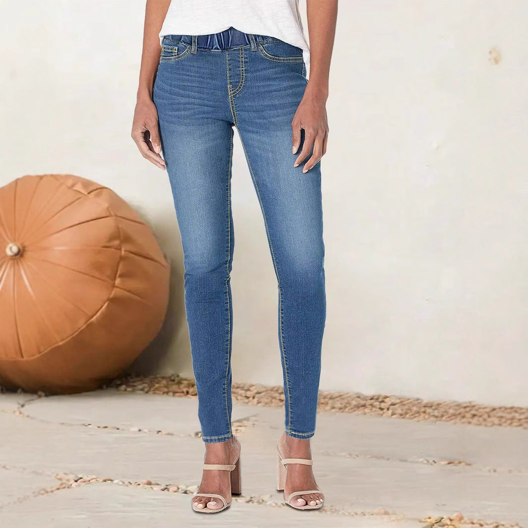 Damen figurbetonte Jeans mit elastischem Hoheitsbund und seitlichen Taschen Stalluxe