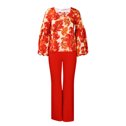 Damen Elegantes Set bestehend aus lässiger Bluse mit voluminösen Ärmeln und klassischer Hose Stalluxe