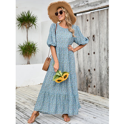 Damen Maxikleid mit nostalgischem Blumendruck und weiten Ärmeln Stalluxe