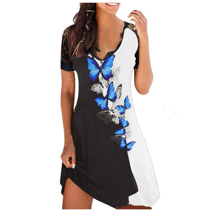 Damen Kurzärmliges Sommerkleid mit Schmetterlingsmuster und V-Ausschnitt Stalluxe
