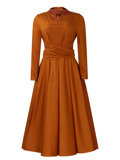 Damen Elegantes Kleid mit dekorativem Perlenbesatz und Wickeldesign Stalluxe