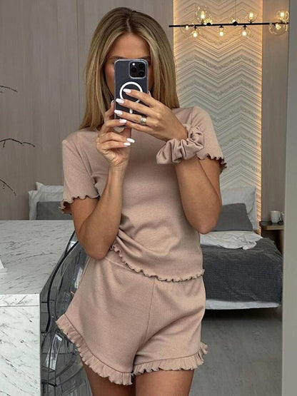 Damen lässiges Kurzarm-Set mit fransigen Shorts und Oberteil Stalluxe